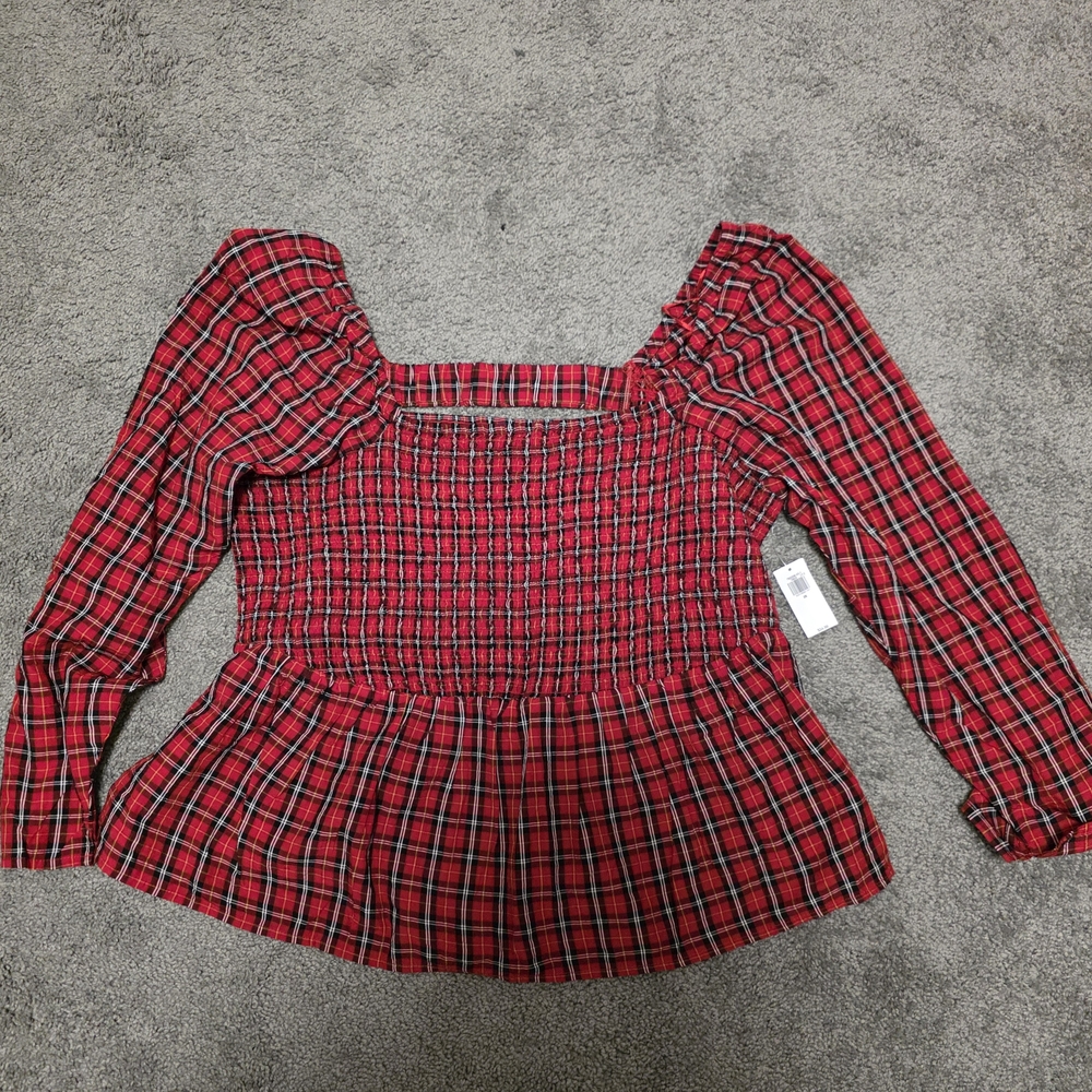 Old Navy Red Plaid Smocked Peplum Long-Sleeve Top - Women 2X